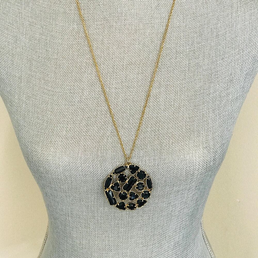 Kate Spade Long Pendant Necklace - Signed - Black Sparkling Cluster - Gold Tone